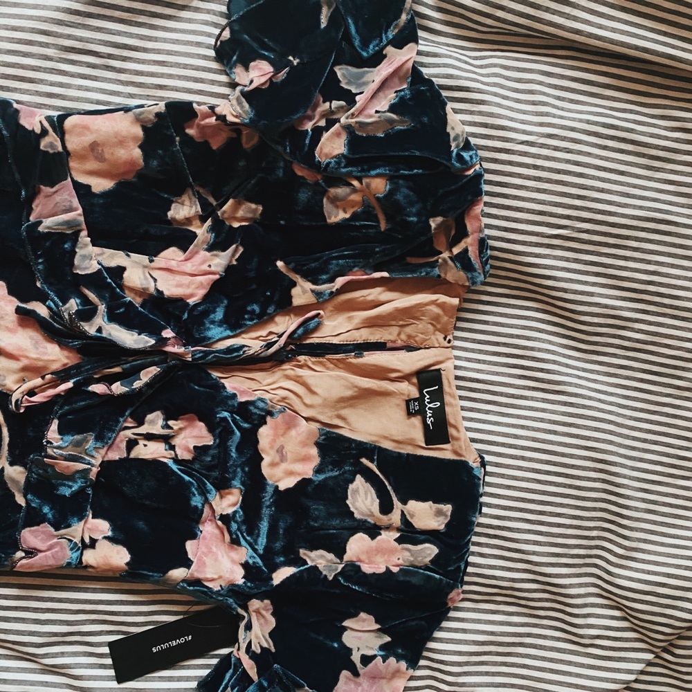 Lulu’s Navy Blue Floral Velvet Mini Dress